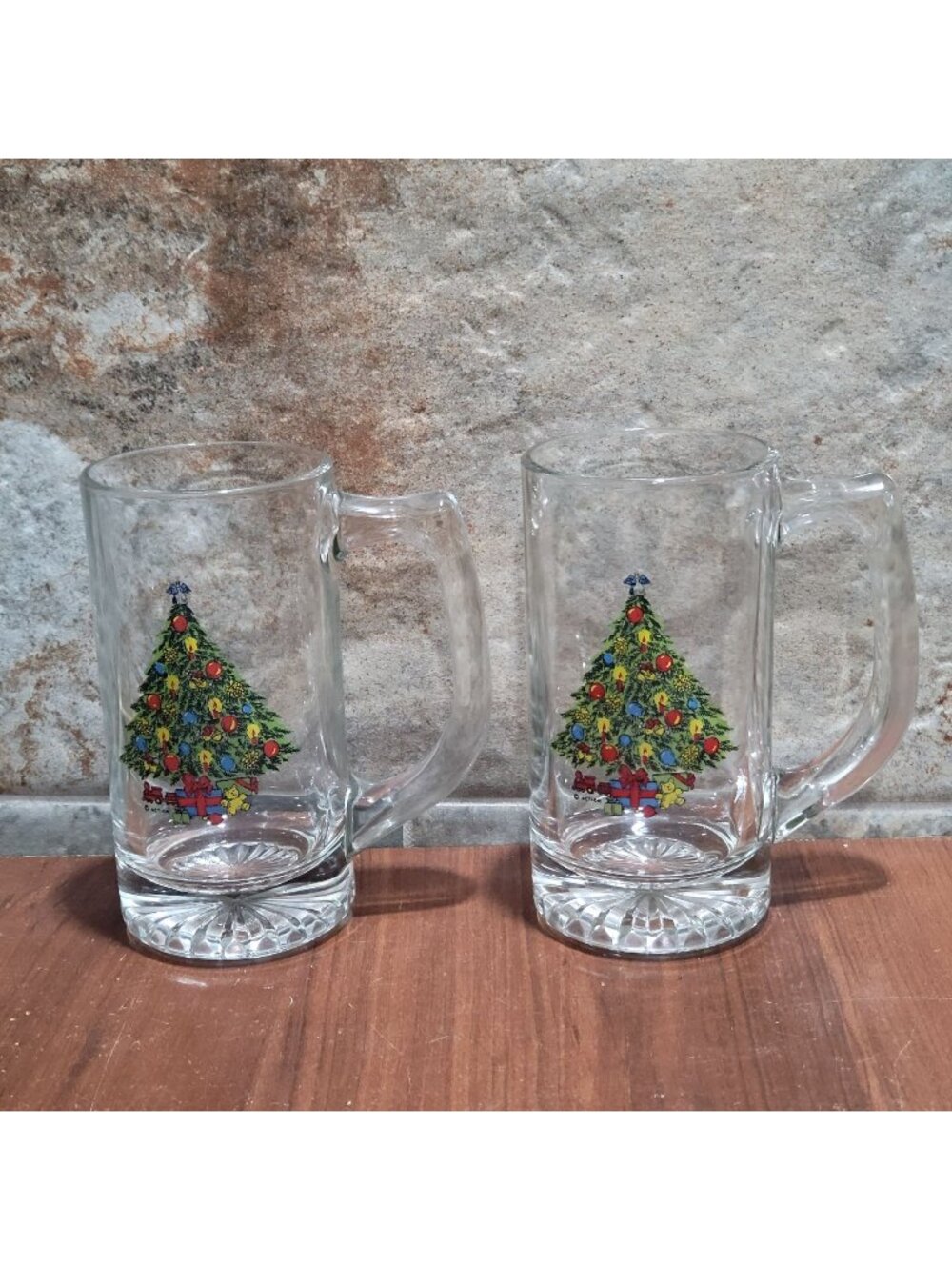 VTG Christmas Tree Glass Beer Mugs Steins Holiday Magic Set 2